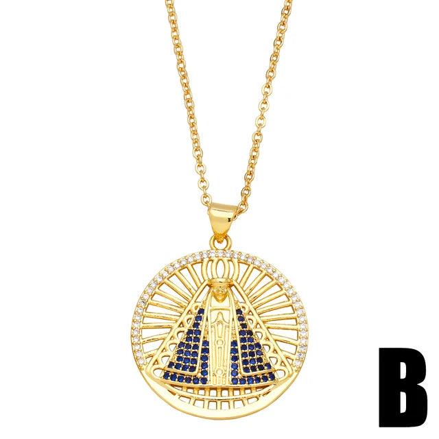 Colar Feminino Nossa Senhora Aparecida Banhado a Ouro 18k + Pedras de Zircônia (Dupla Face) - Buzz Loja