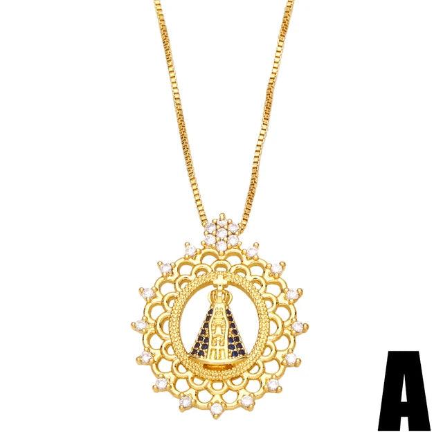 Colar Feminino Nossa Senhora Aparecida Banhado a Ouro 18k + Pedras de Zircônia (Dupla Face) - Buzz Loja