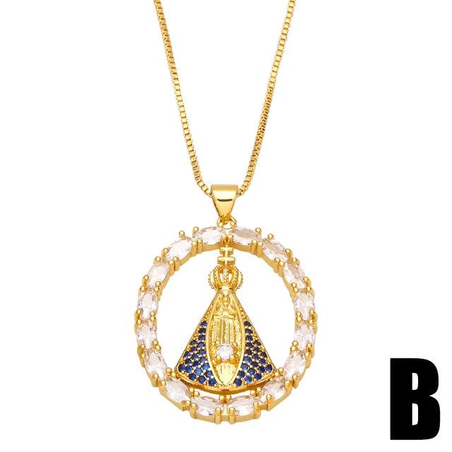 Colar Feminino Nossa Senhora Aparecida Banhado a Ouro 18k + Pedras de Zircônia (Dupla Face) - Buzz Loja