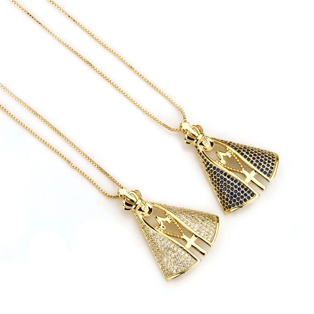 Colar Feminino Nossa Senhora Aparecida Banhado a Ouro 18k + Pedras de Zircônia (Dupla Face) - Buzz Loja