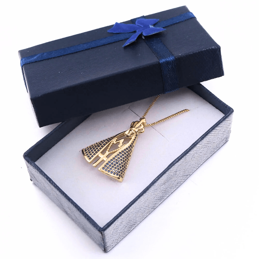 Colar Feminino Nossa Senhora Aparecida Banhado a Ouro 18k + Pedras de Zircônia (Dupla Face) - Buzz Loja