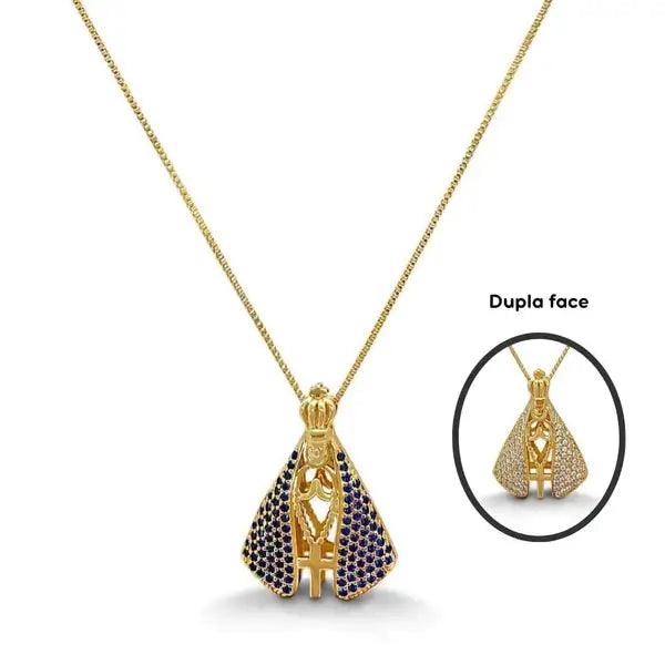 Colar Feminino Nossa Senhora Aparecida Banhado a Ouro 18k + Pedras de Zircônia (Dupla Face) - Buzz Loja